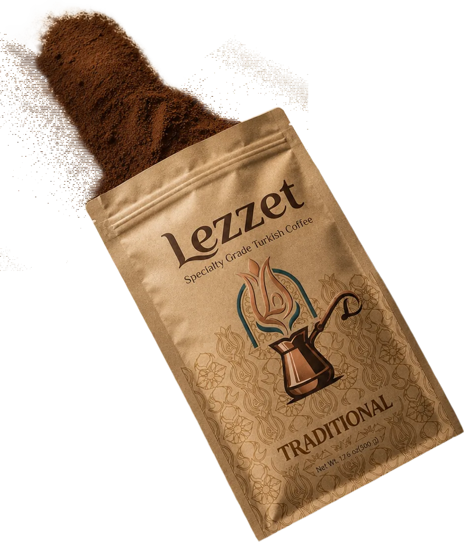 Lezzet Traditional Turkish coffee bag with powder-fine grounds spilling from the top