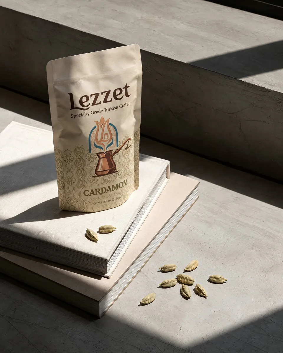 Lezzet Cardamom Turkish coffee 250g bag on a stack of books on a sunlit concrete ledge, with whole cardamom pods