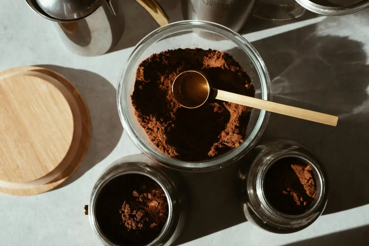 Close-up of powder-fine Turkish coffee grounds in glass bowls